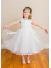 Beaded Lace Tulle Tea Length Flower Girl Dress